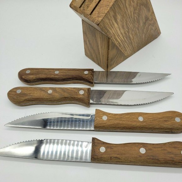 Set of 4 Serrated Steak Knives w/wooden block - Picture 2 of 8